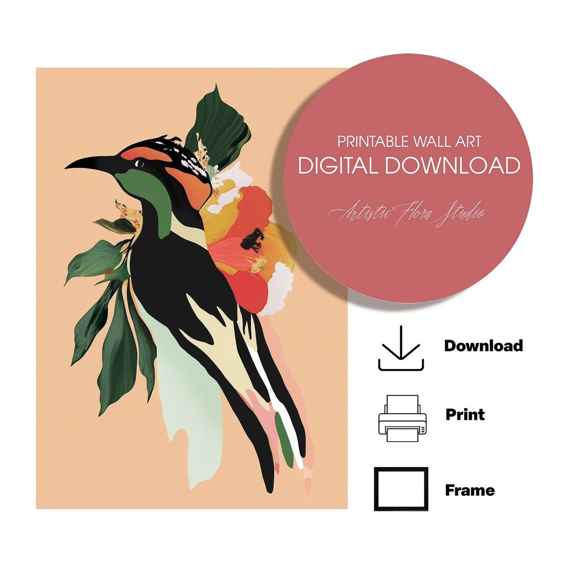 Colorful Tropical Bird Floral Geometric Abstract Statement Poster - Image 2