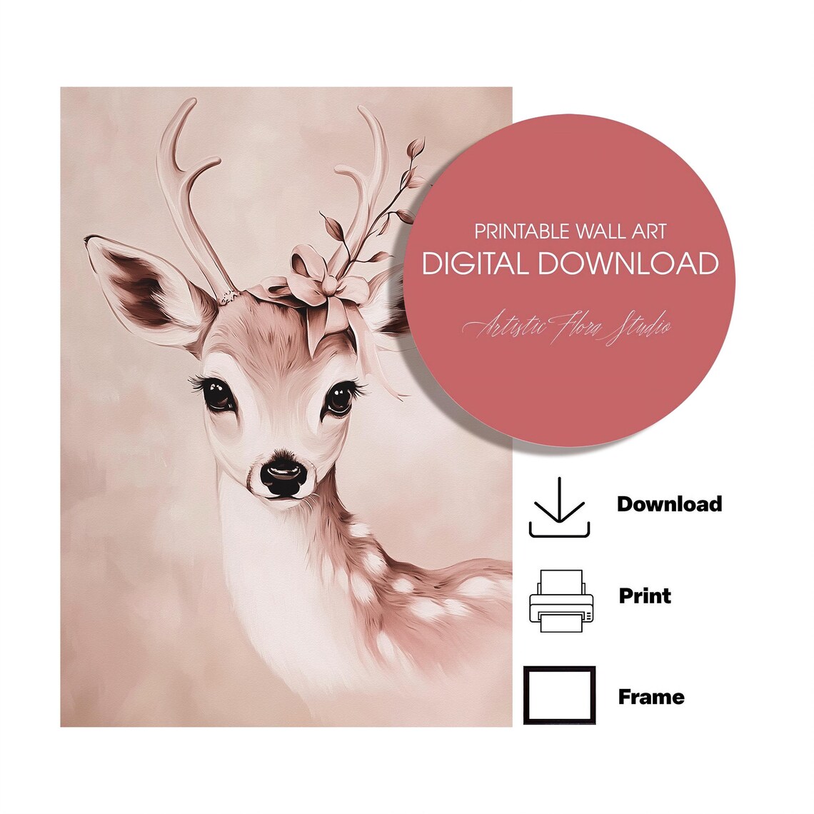 Cute Baby Deer Fawn Pink Bow Big Eyed Winter Animal Portrait Poster - Image 3