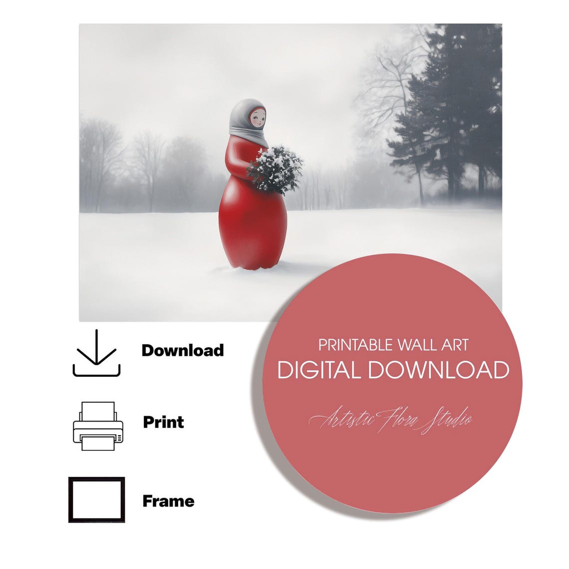 Red Matryoshka Doll With Gray Scarf In Snowy Landscape Art Poster - Image 2