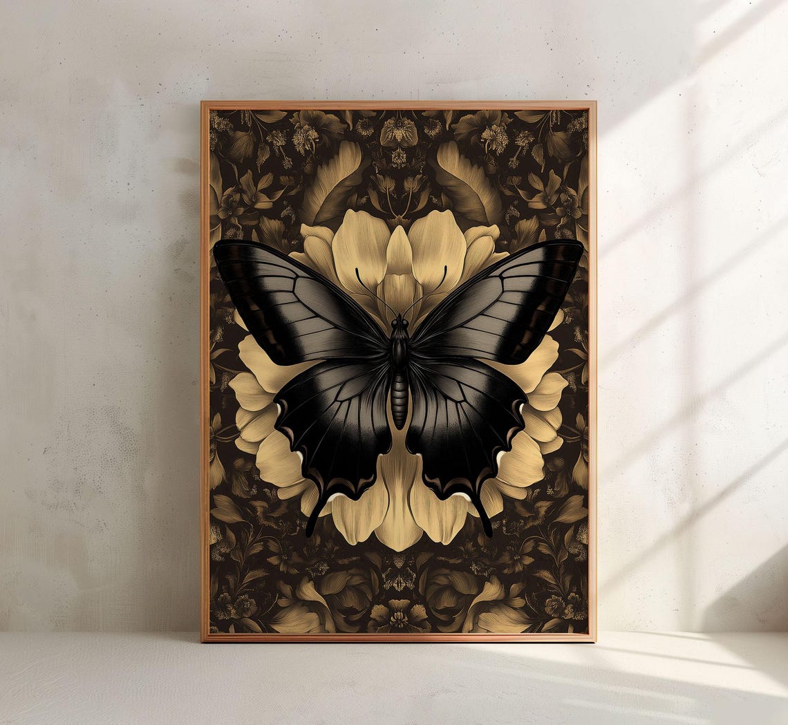 Black Butterfly Golden Bloom Dark Moody Botanical Insect Art Poster