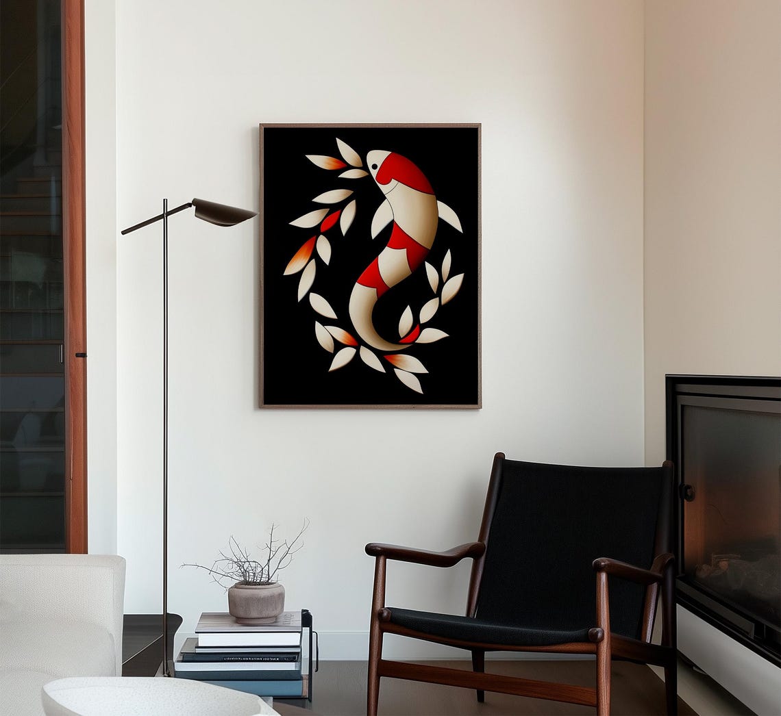 Abstract Koi Fish Minimalist Japanese Red White Black Art Poster - Image 2