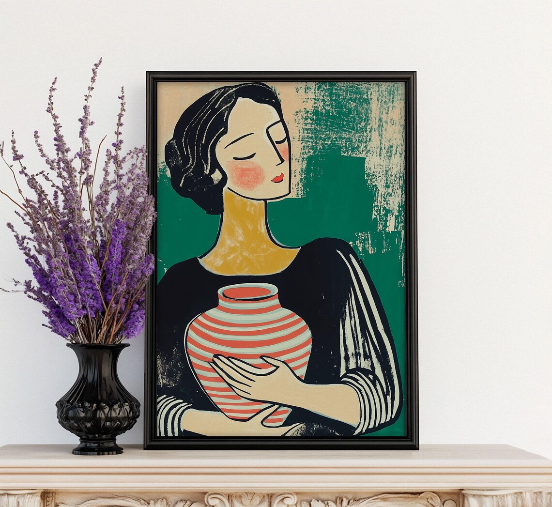 Modern Woman Holding Striped Vase Emerald Portrait Art Poster - Image 4