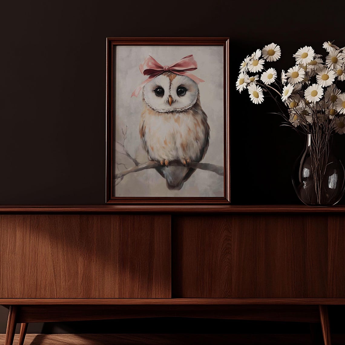 Cute White Owl Pink Bow Big Eyed Winter Bird Portrait Poster - Image 3