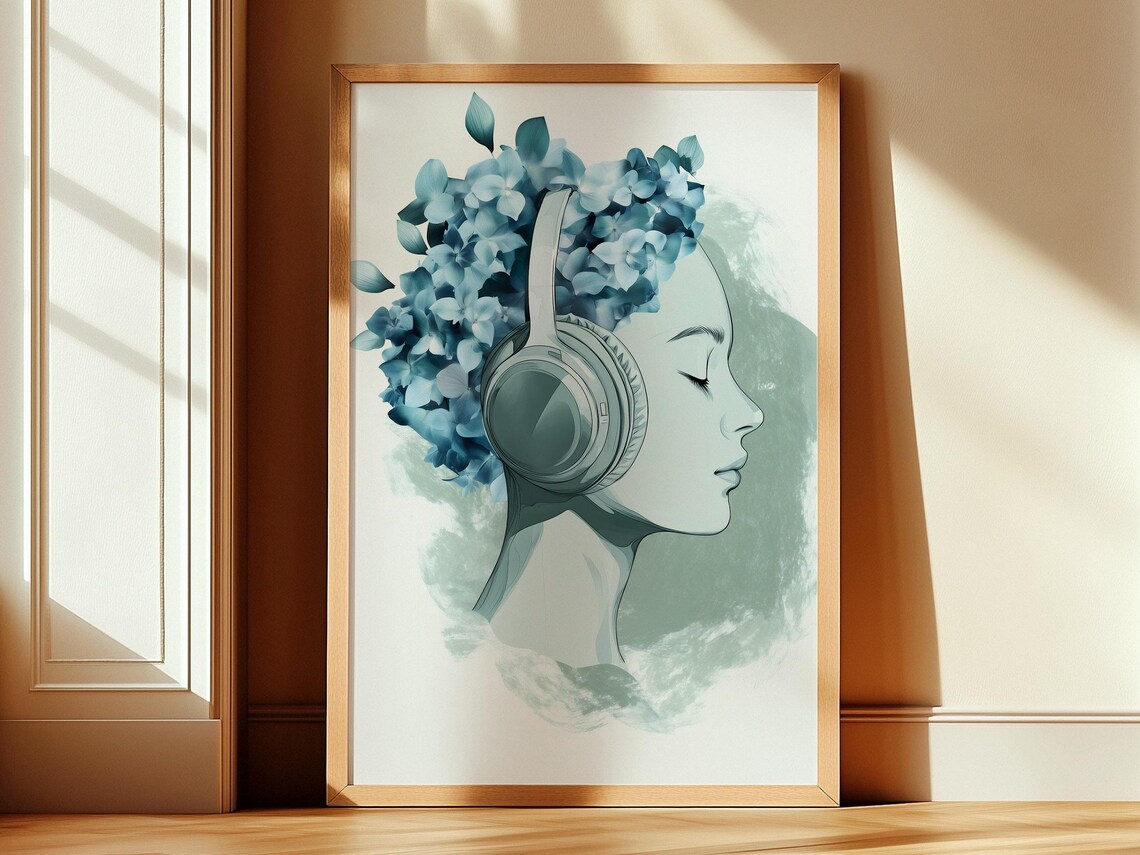 Serene Woman Headphones Hydrangea Hair Teal Watercolor Poster
