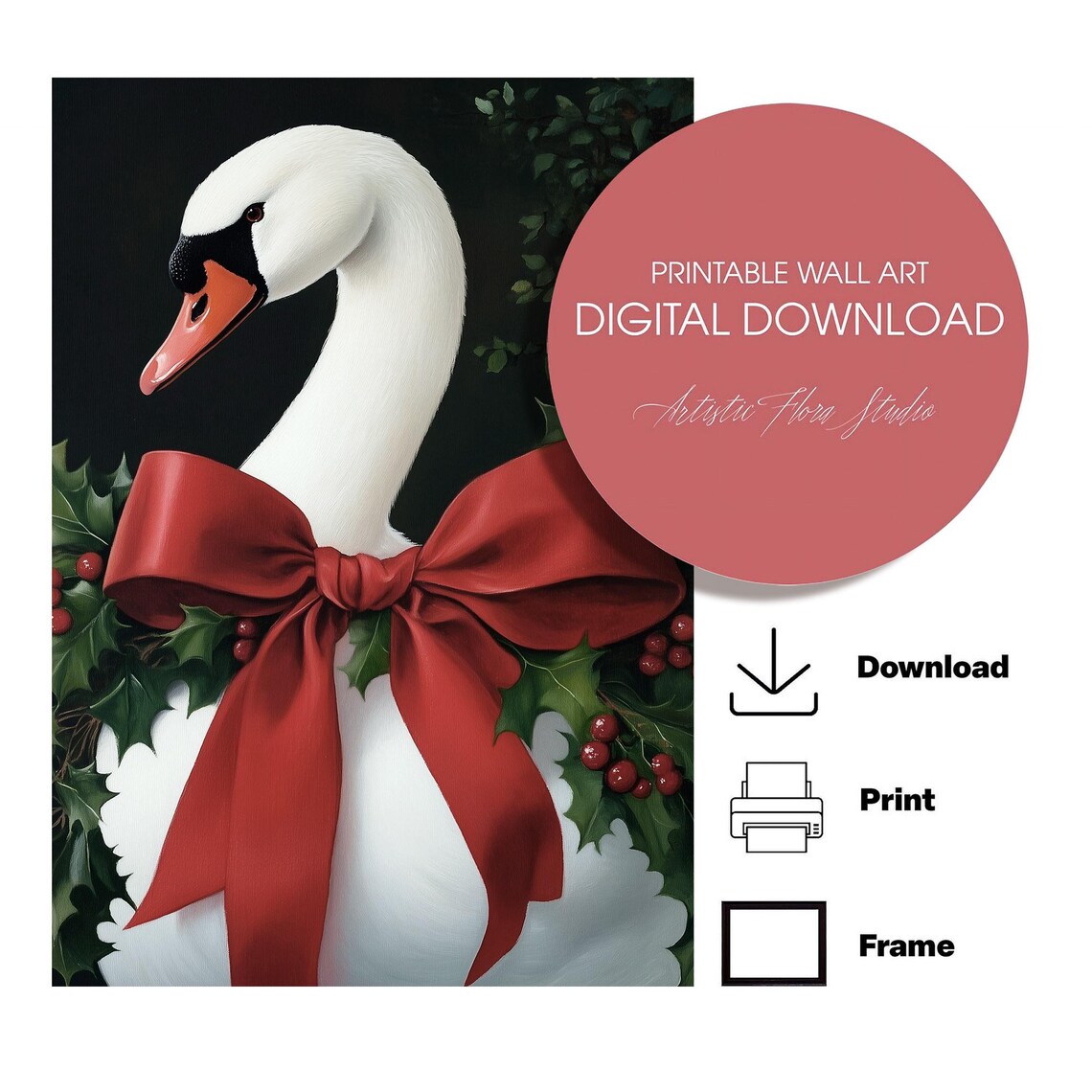 White Swan Wearing Giant Red Satin Bow With Holly Christmas Art Poster - Image 2