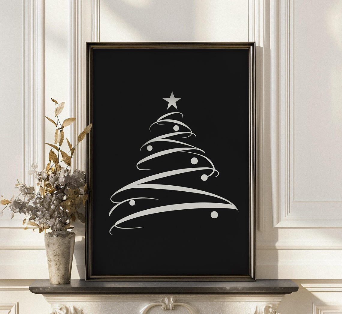 White Line Art Christmas Tree On Black Minimalist Graphic Poster - Image 5