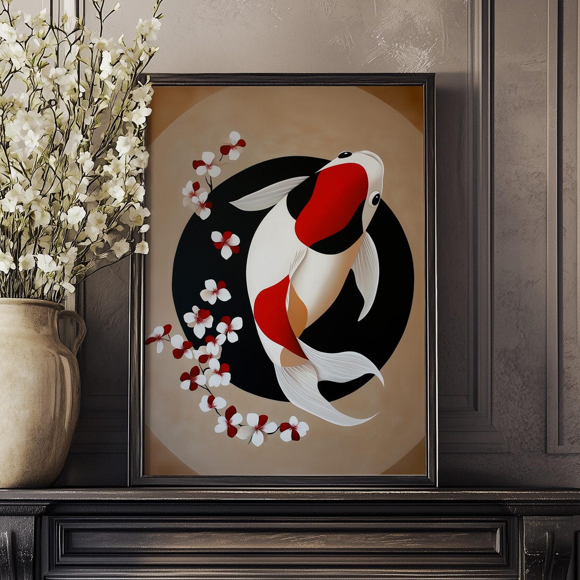 Koi Fish Circle Cherry Blossom Japanese Art Red White Black Poster - Image 4