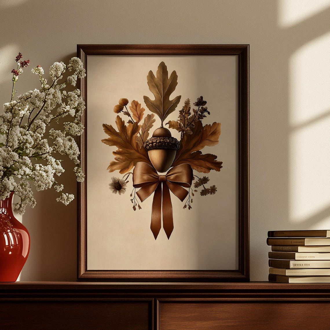 Vintage Acorn Oak Leaf Botanical Illustration Brown Bow Poster - Image 4