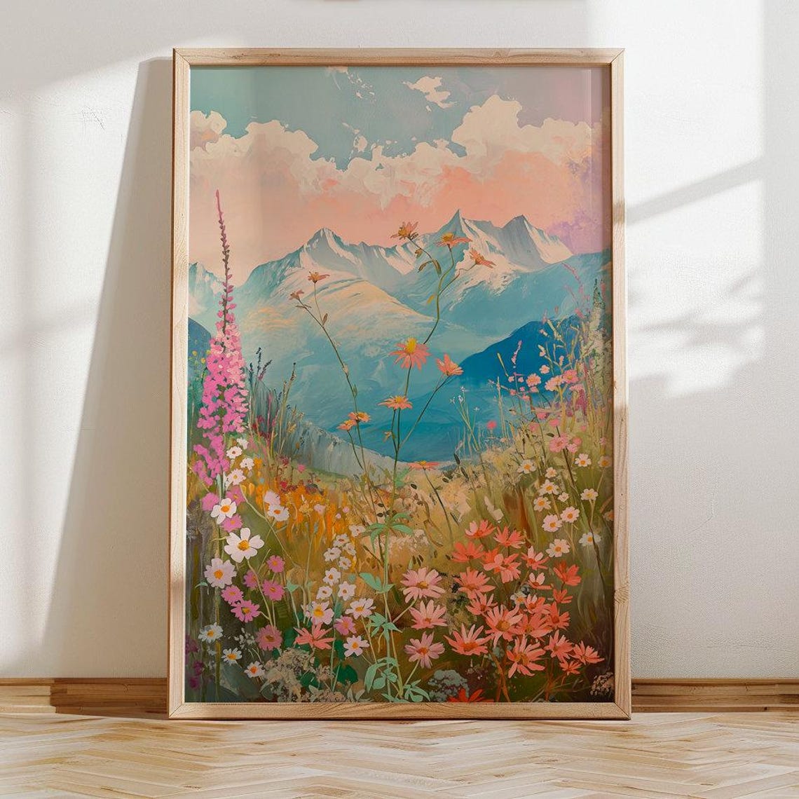 Alpine Peaks Wildflower Meadow Peachy Sky Mountain Landscape Poster