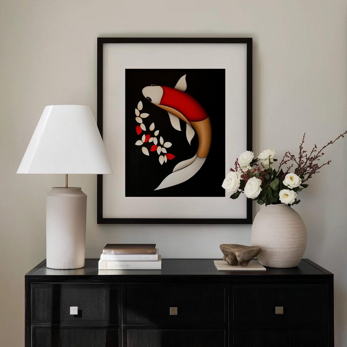 Red Koi Fish Minimalist Modern Japanese Black Background Art Poster - Image 3