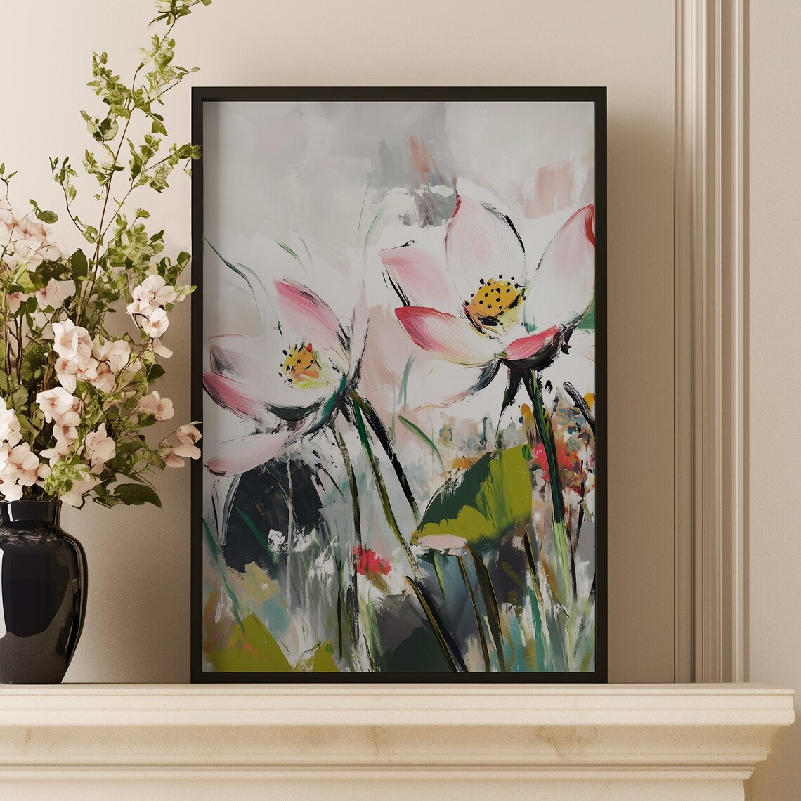 White Lotus Blossoms Abstract Oil Painting Pink Floral Art Poster - Image 2