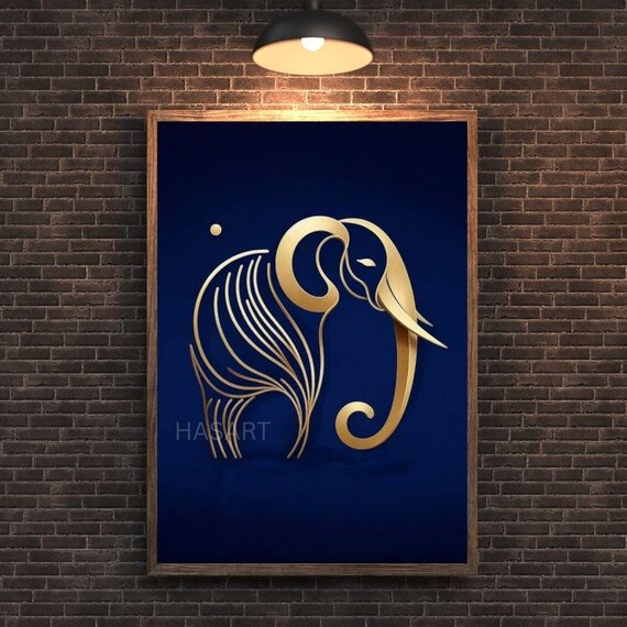 Gold Line Art Elephant on Deep Navy Blue Minimalist Decor Poster