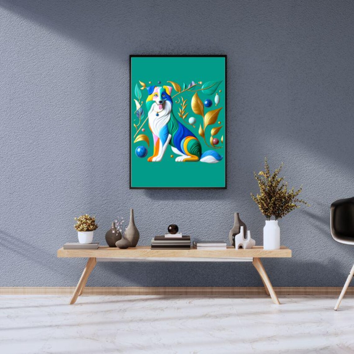Cheerful Colorful Dog with Botanical Leaves Paper Style Poster - Image 2