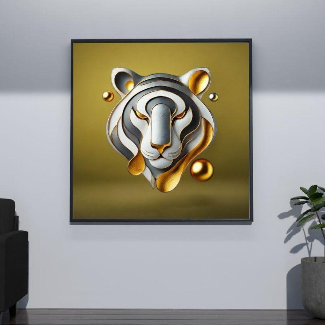 Gold And Silver 3D Layered Paper Tiger Head Modern Art Poster - Image 3