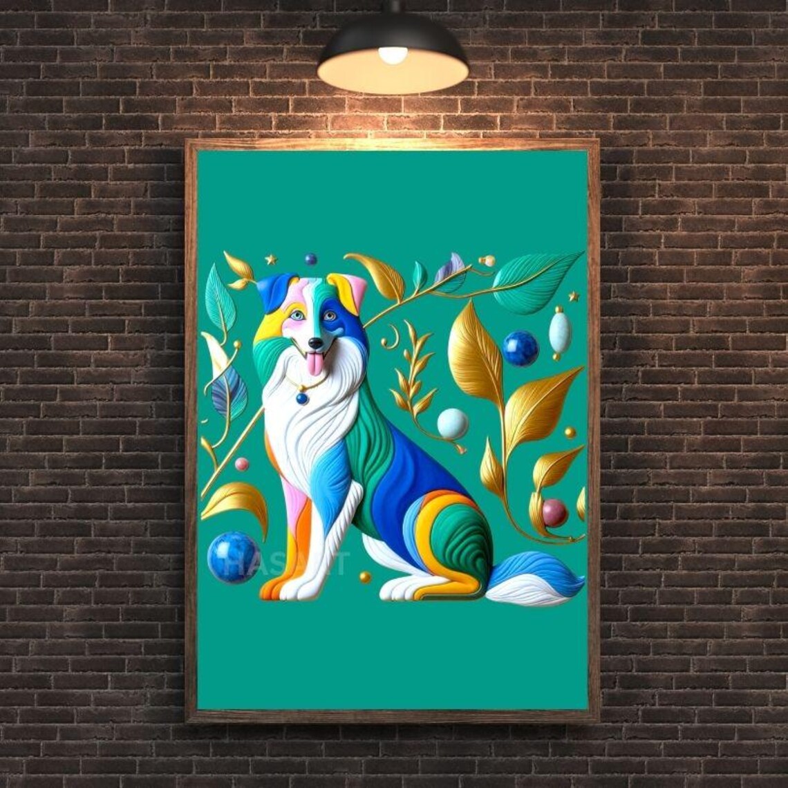 Cheerful Colorful Dog with Botanical Leaves Paper Style Poster