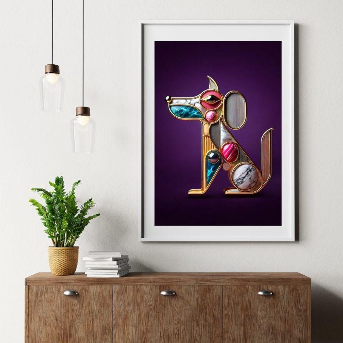 Mosaic Gemstone Dog Profile on Royal Purple Background Poster - Image 3