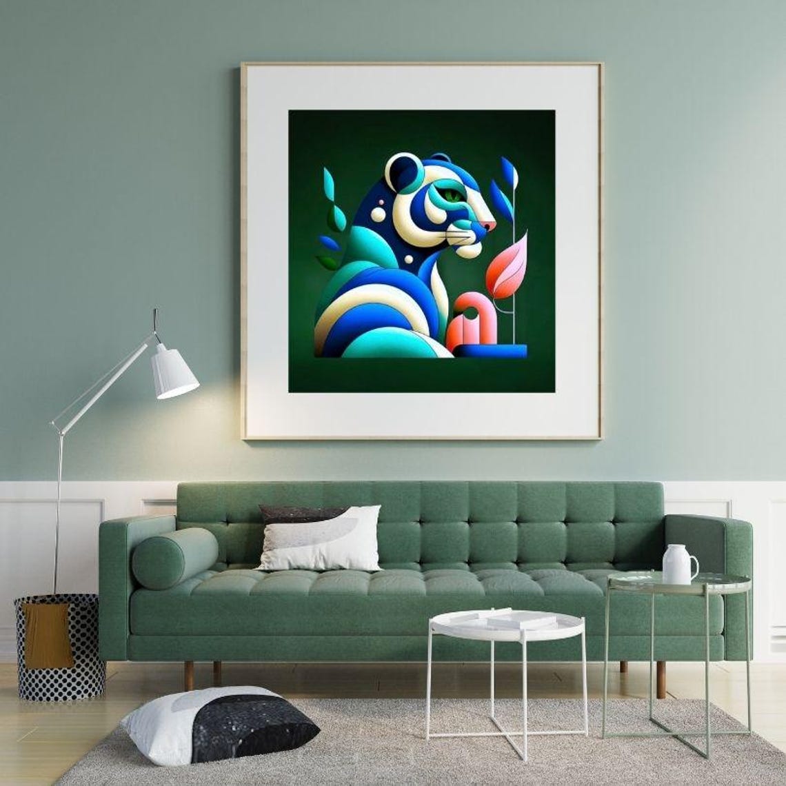Blue Leopard Portrait with Tropical Leaves in Geometric Style Poster - Image 2