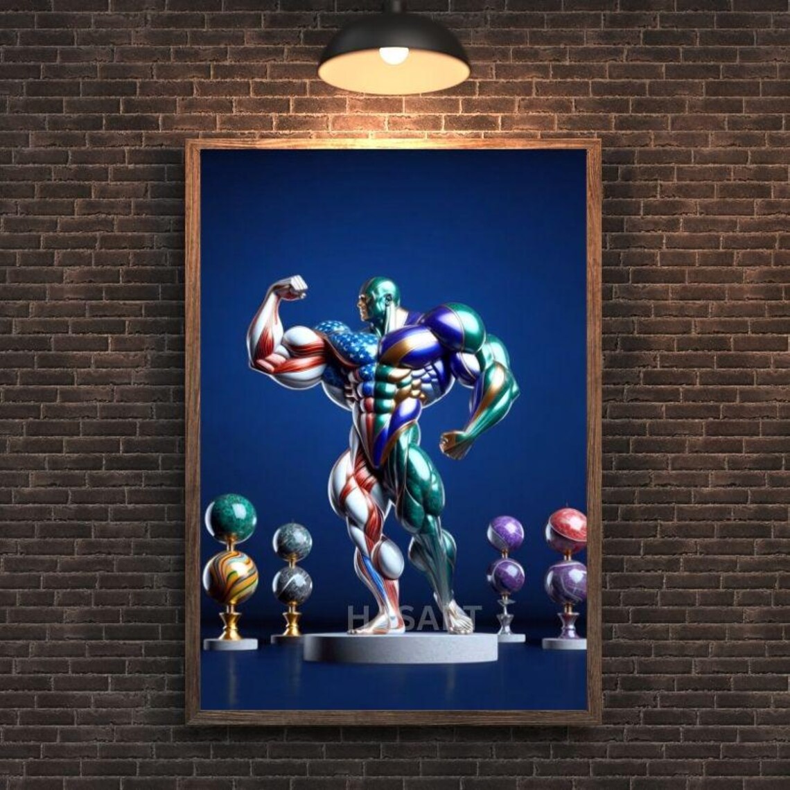Metallic Bodybuilder Striking a Trophy Pose in Fitness Art Poster