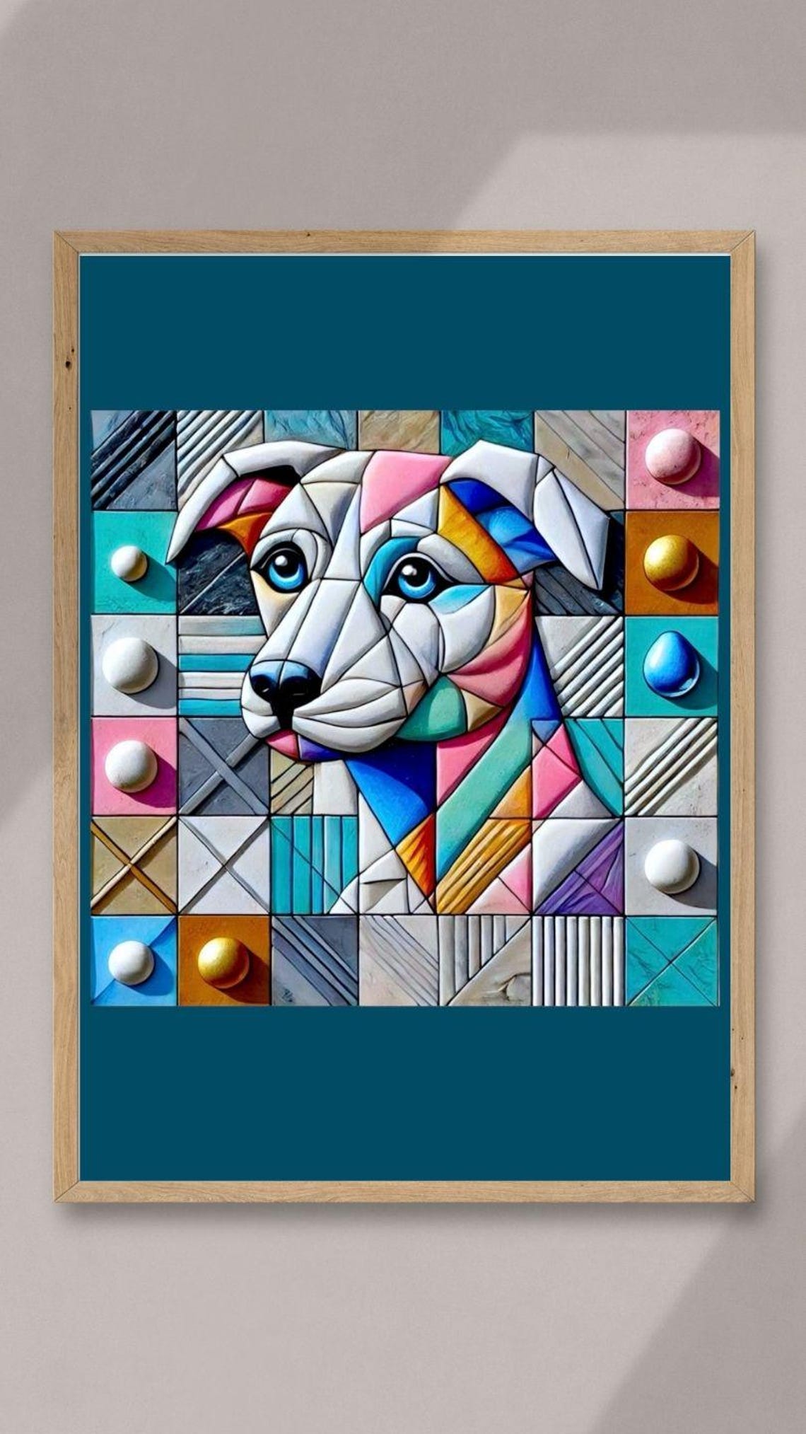 Colorful Mosaic Dog Face Portrait on Geometric Tile Pattern Poster
