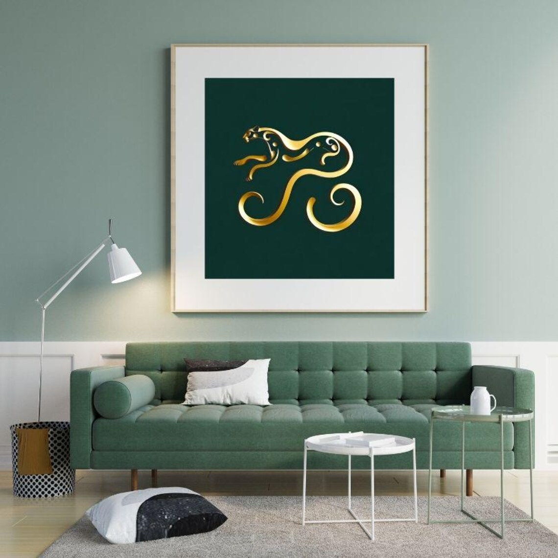 Golden Flowing Line Art Leaping Leopard Modern Abstract Poster - Image 2