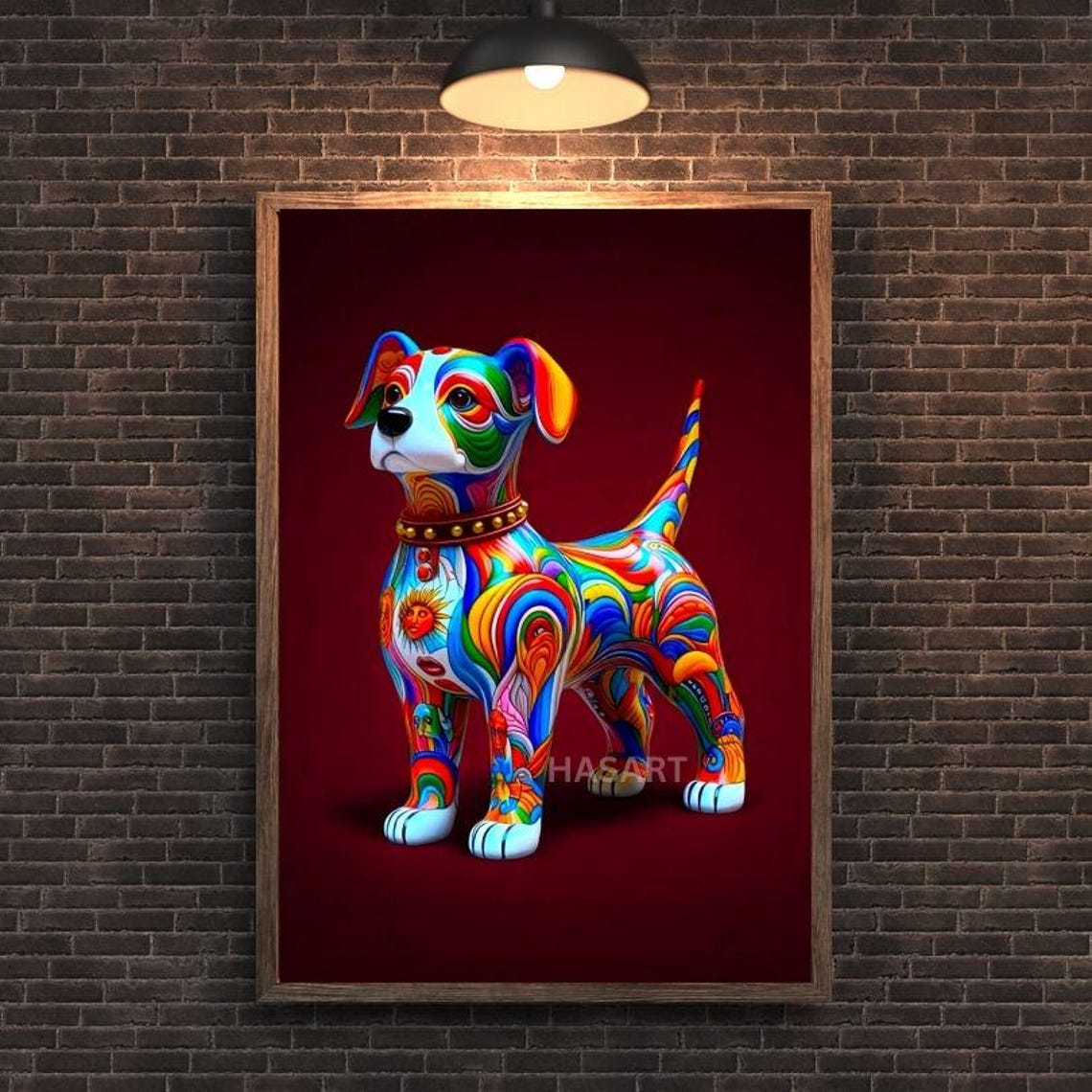 Rainbow Swirl Puppy Standing Proud on Deep Maroon Art Poster