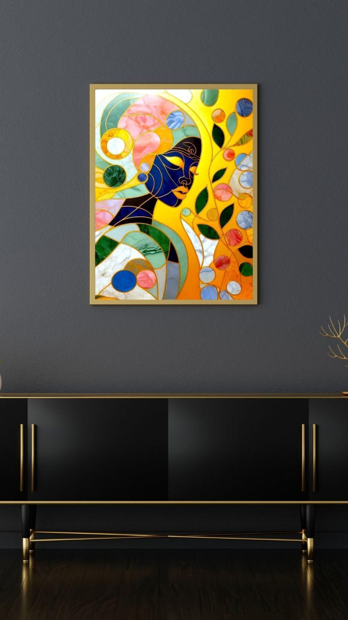 Mosaic Woman Portrait in Blue and Gold Stained Glass Art Poster - Image 2