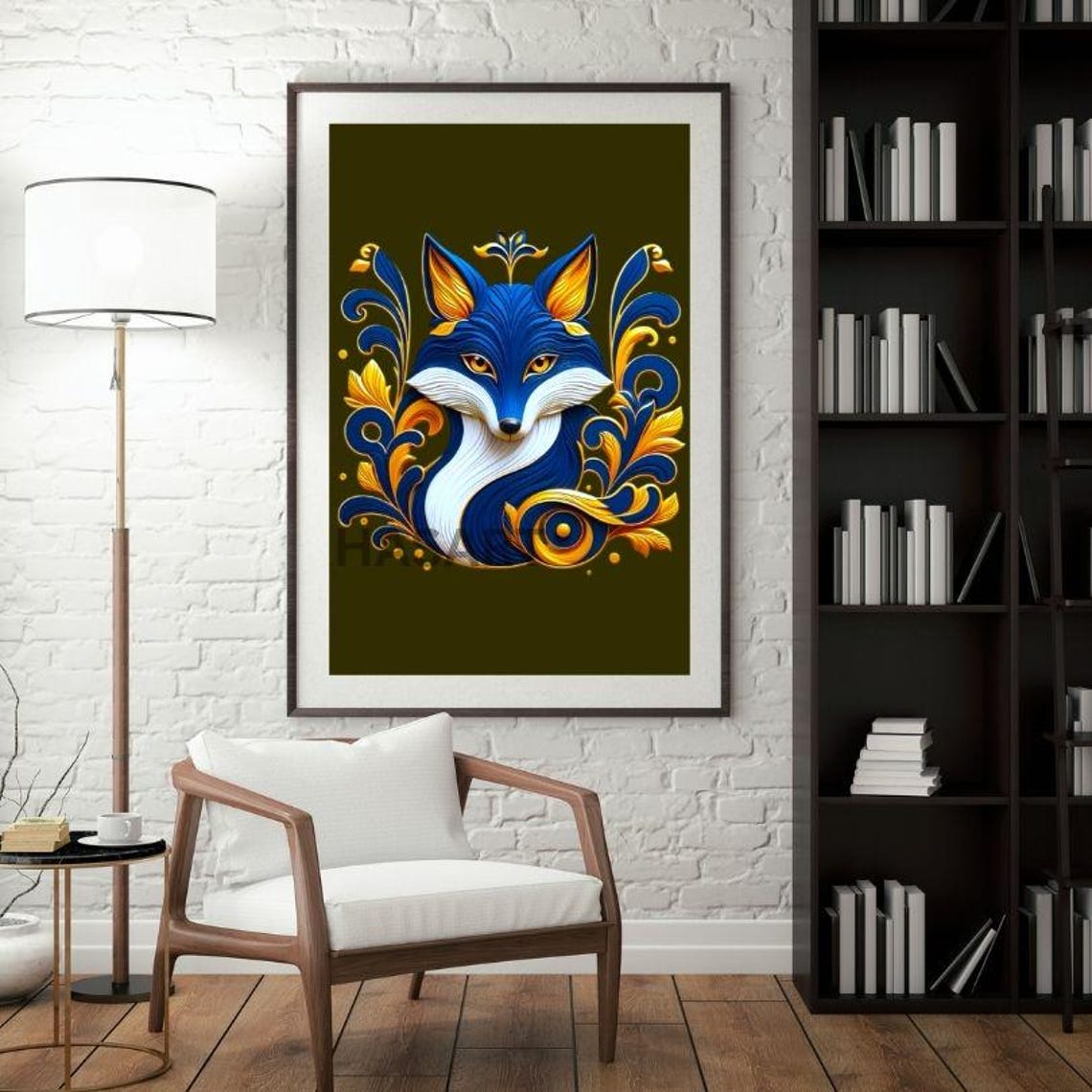 Blue And Gold Ornamental Fox Face Decorative Modern Art Poster - Image 3