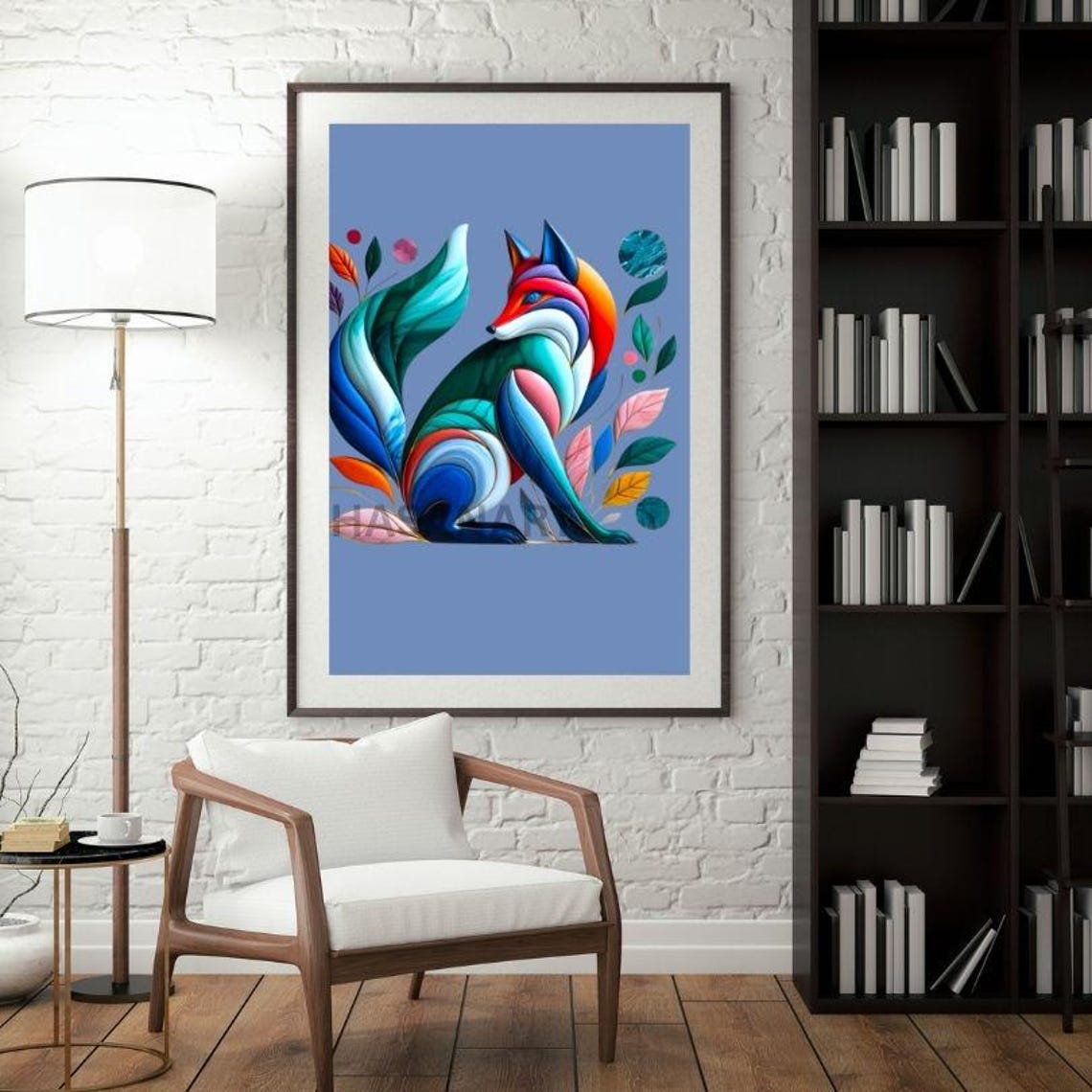 Rainbow Multicolor Sitting Fox With Leaves Modern Art Poster - Image 3