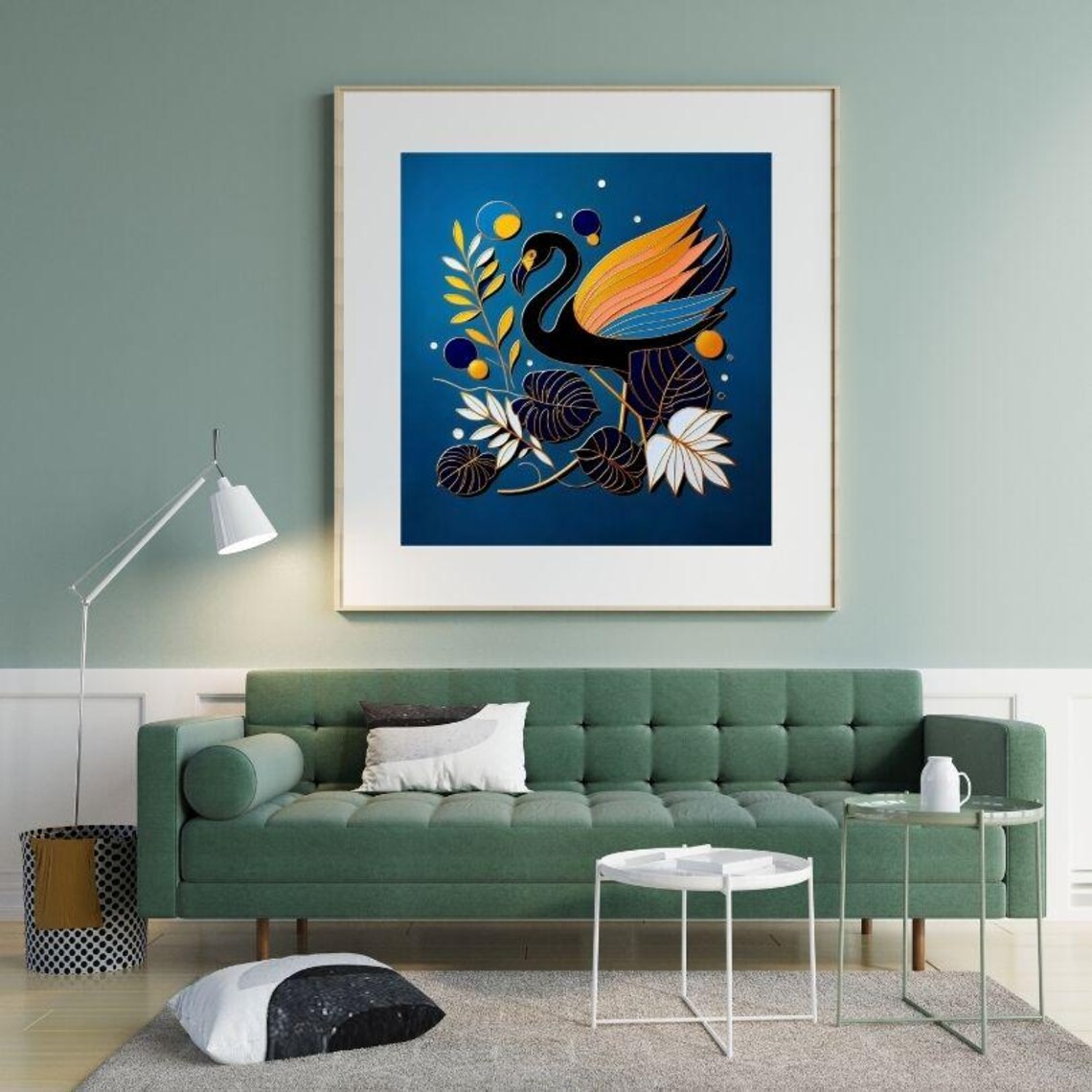 Black Swan Spreading Orange Wings Among Tropical Leaves Poster - Image 2