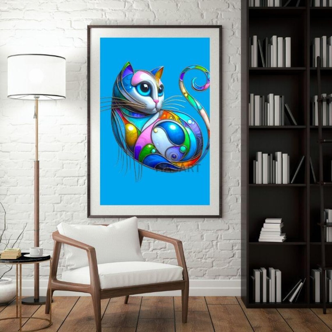Stained Glass Rainbow Curled Cat Portrait On Blue Modern Art Poster - Image 3