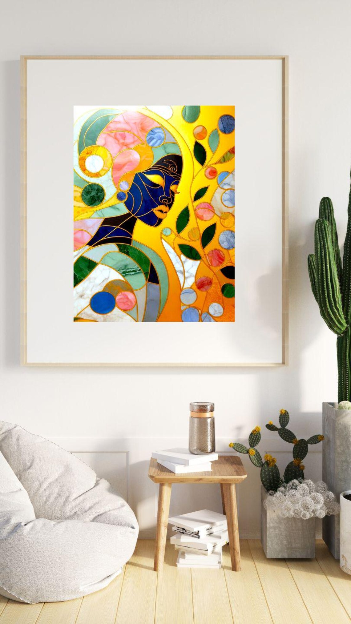 Mosaic Woman Portrait in Blue and Gold Stained Glass Art Poster - Image 3