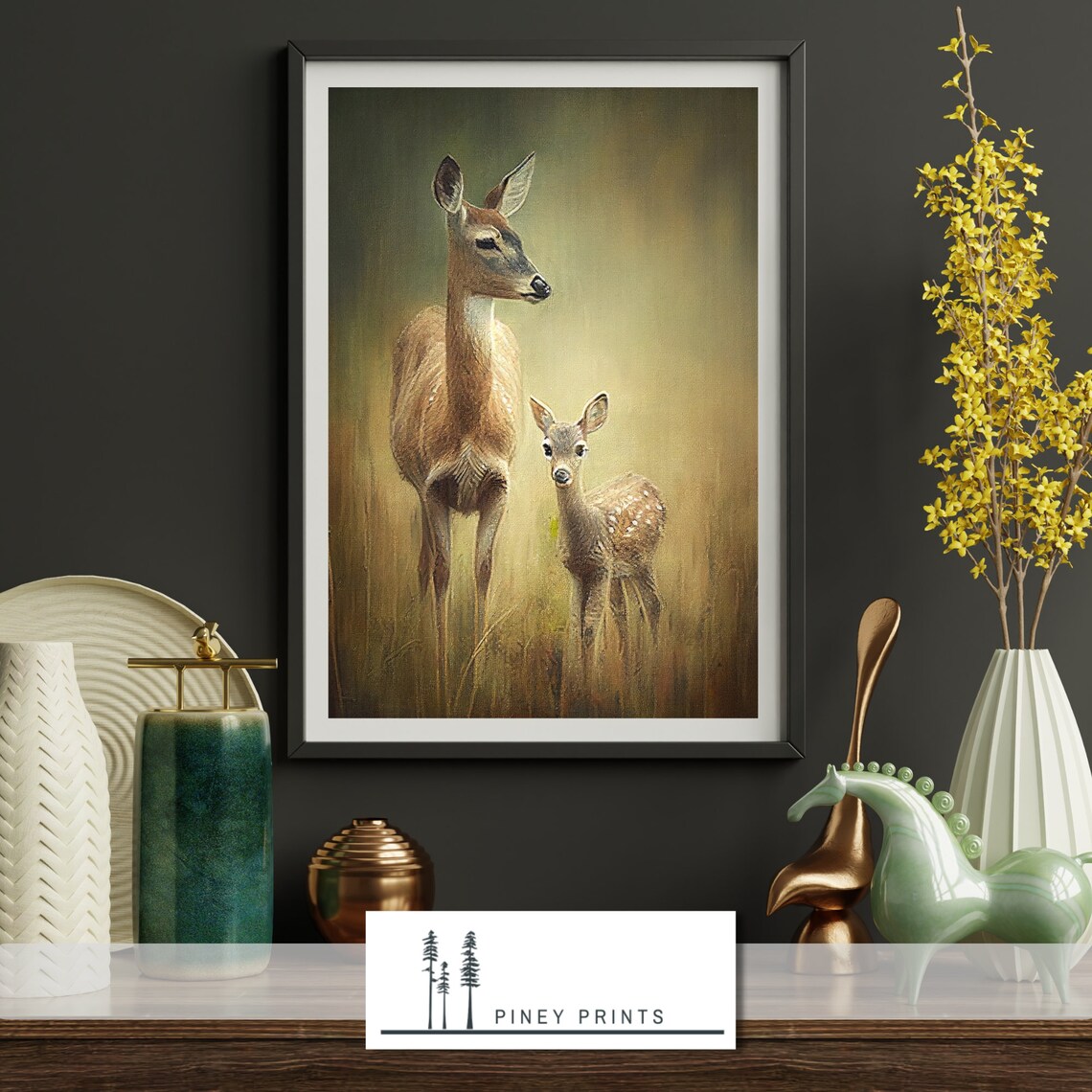 Doe with Fawn in Golden Field Tender Woodland Wildlife Painting Poster - Image 3