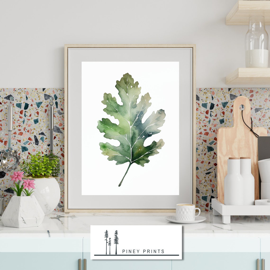 Green Oak Leaf Watercolor Minimalist Botanical Leaf Art Poster - Image 2