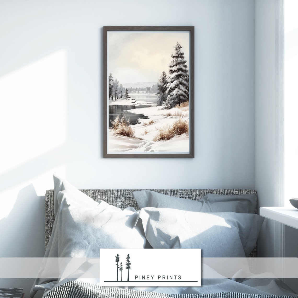Snowy River Bank Winter Pine Landscape Frozen Water Scene Poster - Image 3