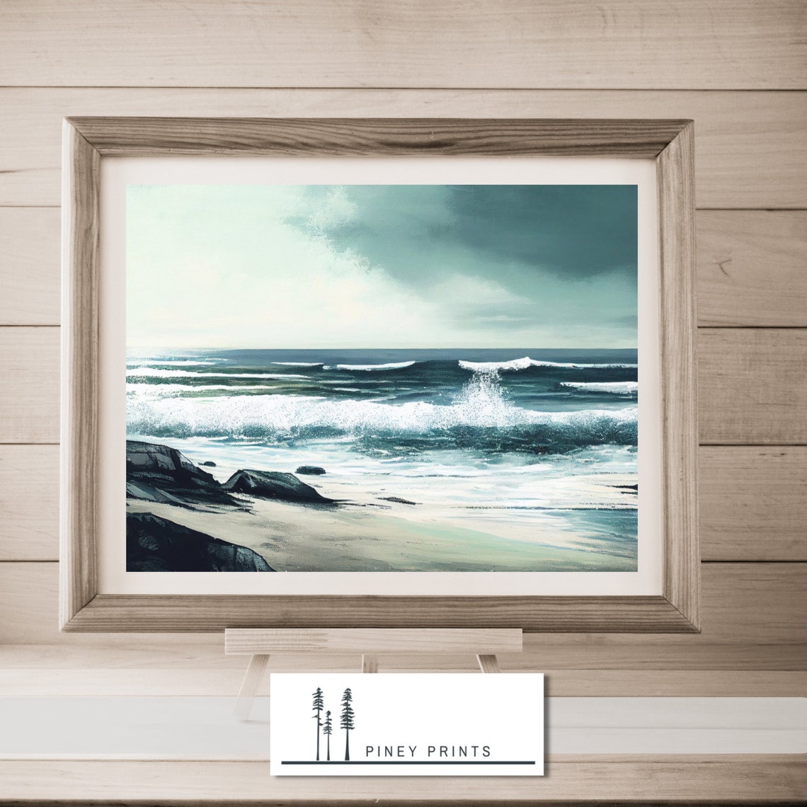 Teal Ocean Waves Rocky Beach Seascape Painting Coastal Poster - Image 4