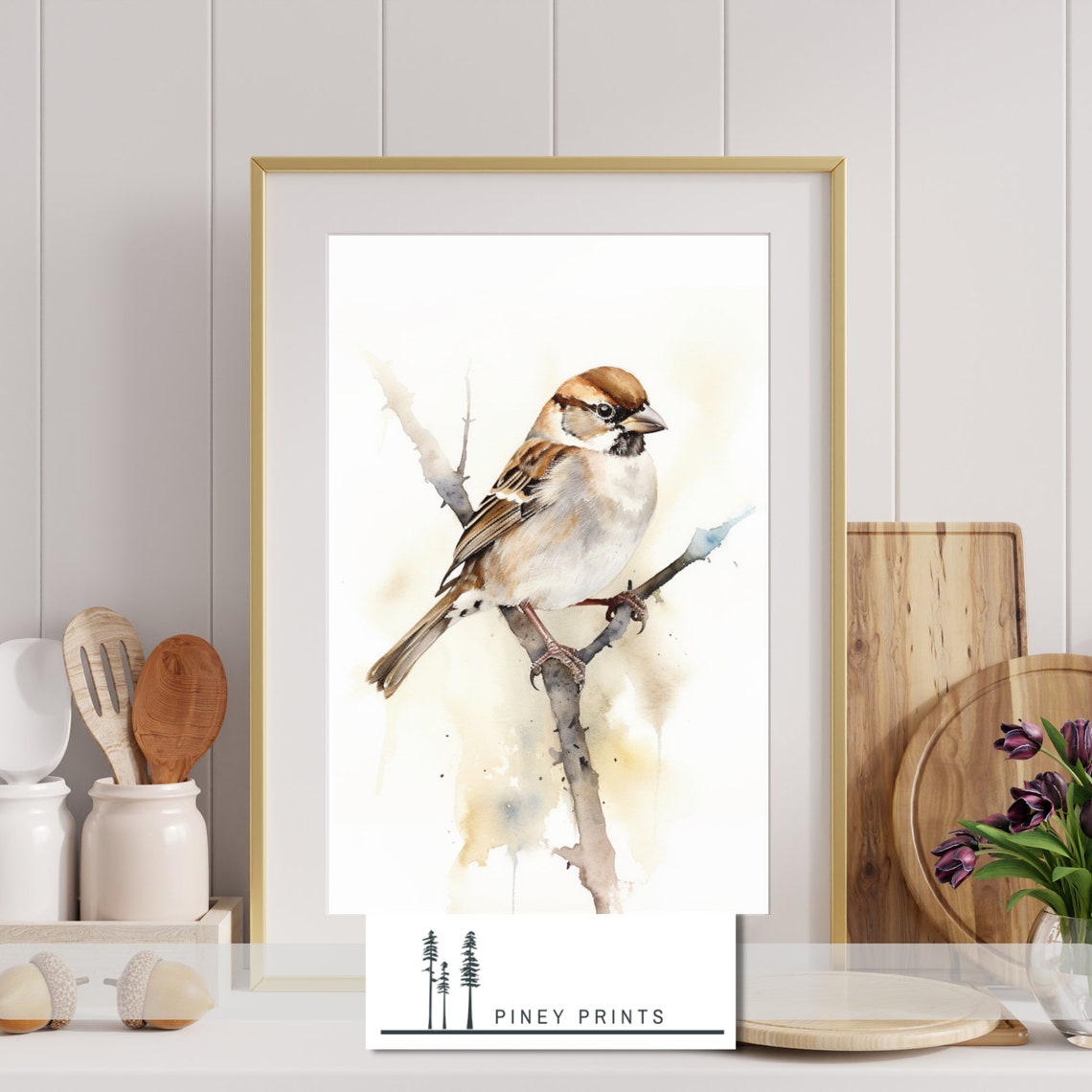 Watercolor Sparrow Perched On Branch Minimalist Bird Painting Poster - Image 3