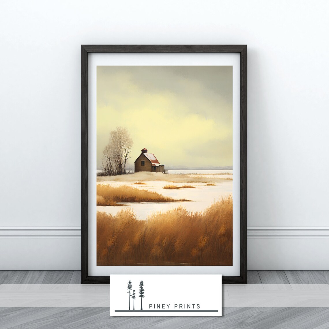 Snowy Cabin Winter Field Golden Grass Landscape Painting Poster - Image 4