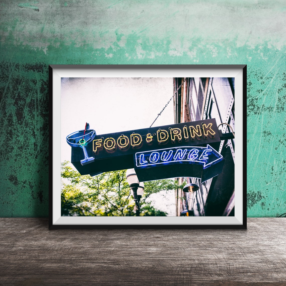 Food and Drink Lounge Blue Neon Martini Cocktail Sign Photo Poster