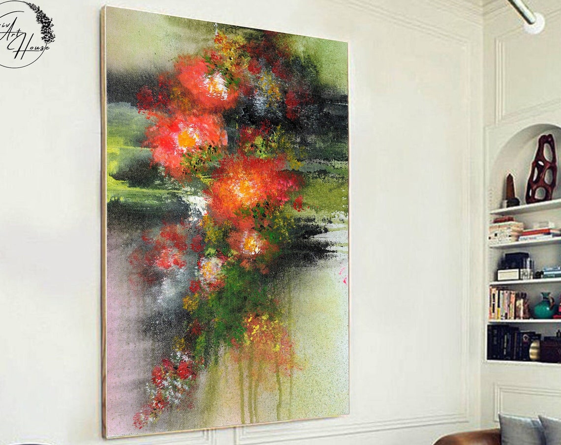 Red and Green Abstract Floral Modern Painting Vibrant Wall Poster
