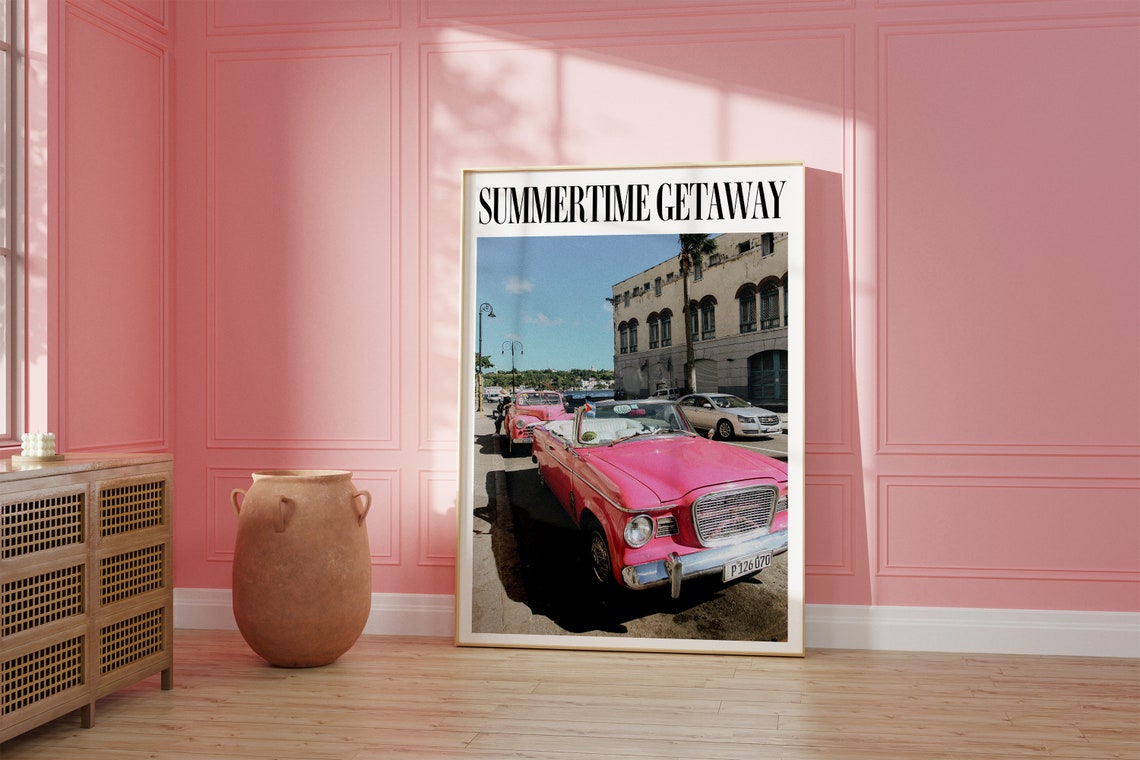 Summertime Getaway Pink Vintage Convertible Classic Car Poster - Image 3