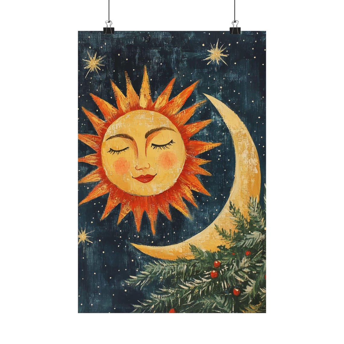 Celestial Sun And Moon Night Sky Pine Branch Folk Art Poster - Image 2