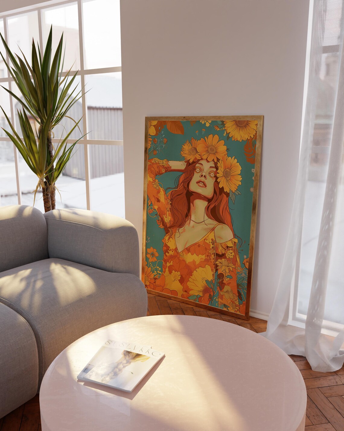 70s Flower Child Woman Sunflower Crown Retro Hippie Girl Wall Art - Image 2