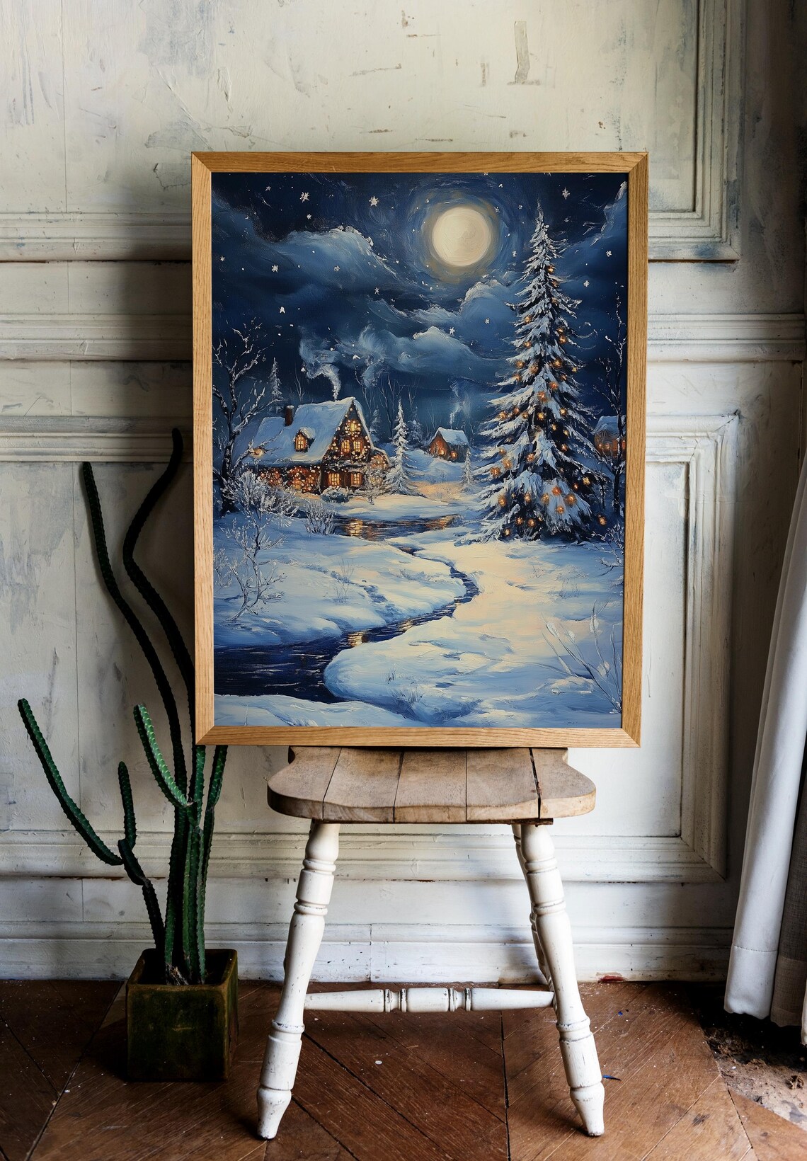 Moonlit Snowy Christmas Village Dreamy Winter Night Scene Poster - Image 2