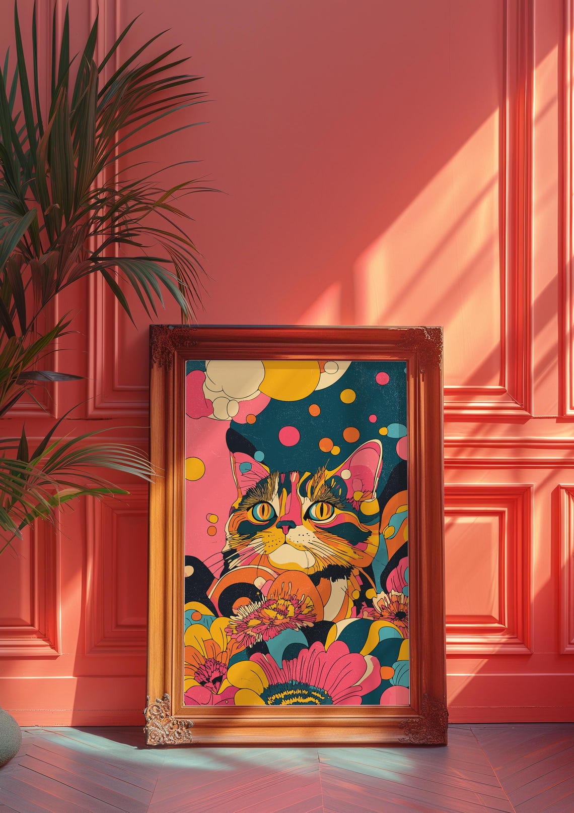 Psychedelic Colorful Cat Groovy Floral Aesthetic Retro Wall Art - Image 3