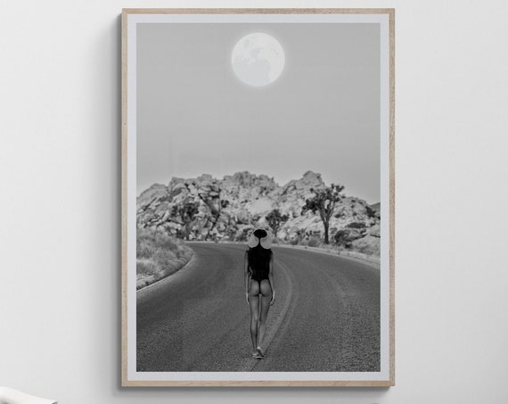 Fine Art Black And White Photography Print Desert Pretty Bikini Girl Under The Moonlight Lifestyle Framed Wall Home Decor