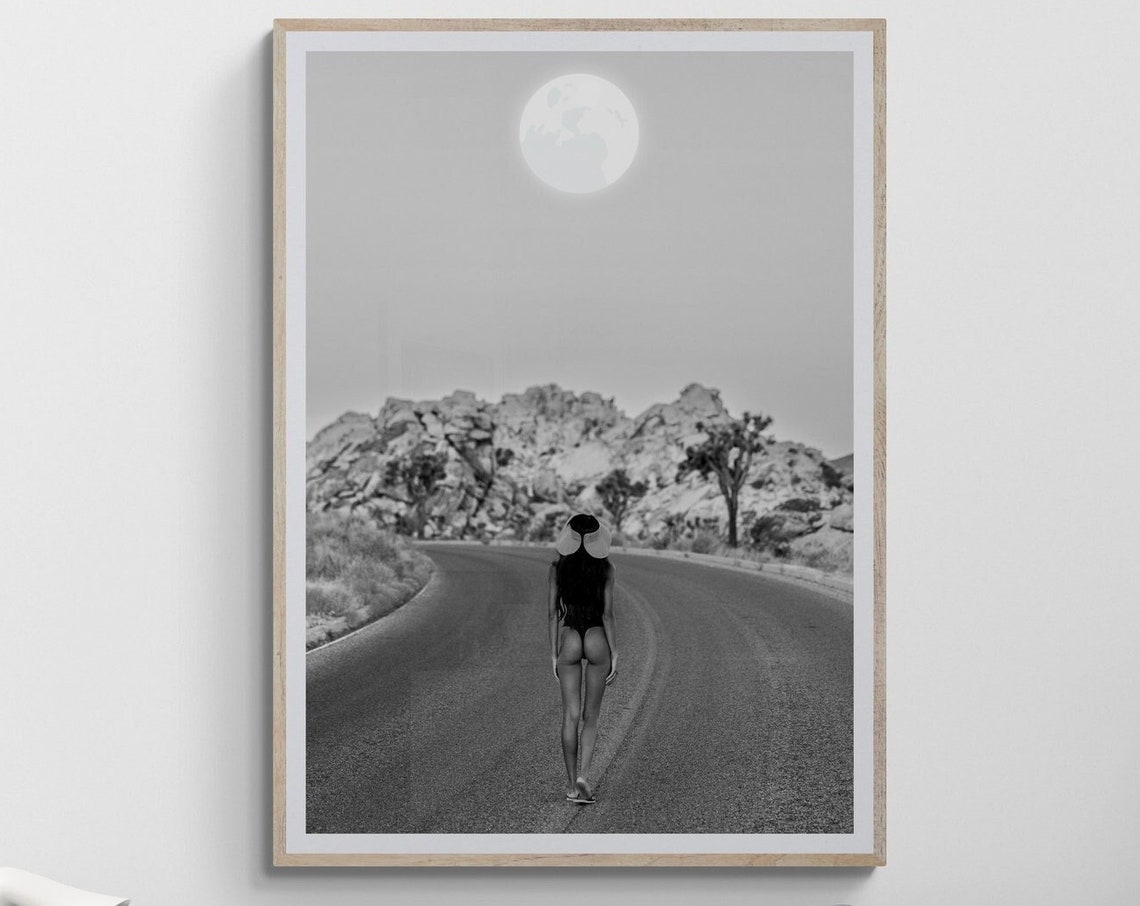 Moonlit Desert Road Bikini Model Black and White Photo Poster