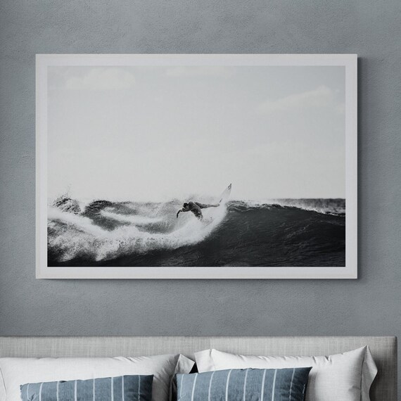 Fine Art Black And White Photography Surf Print Framed Of Surfer Riding A Big Wave Ocean Home Decor
