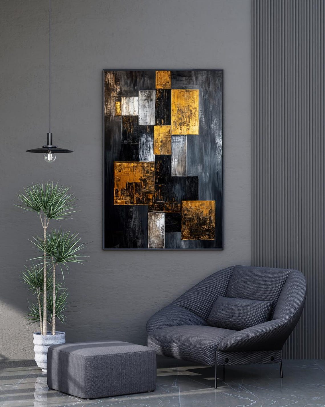 Golden Grid Geometric Abstract Wall Art - Image 3