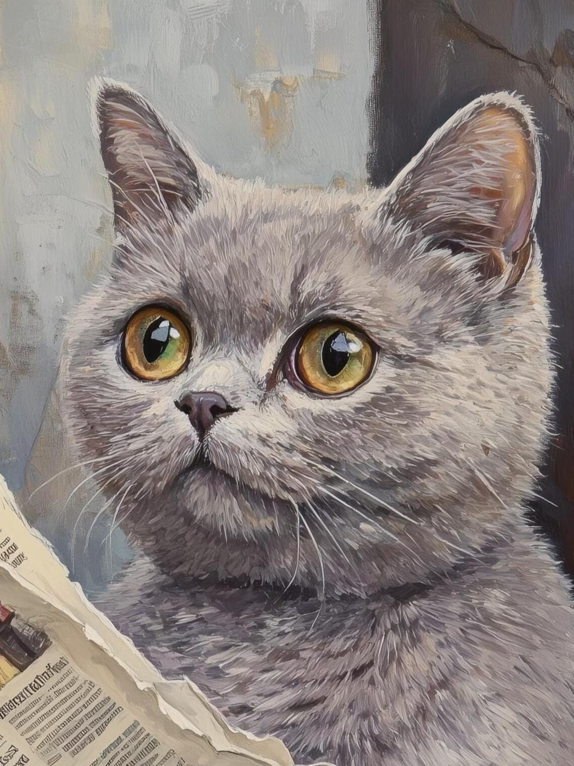 Gray Cat Reading a Newspaper Whimsical British Shorthair Funny Feline Poster - Image 3