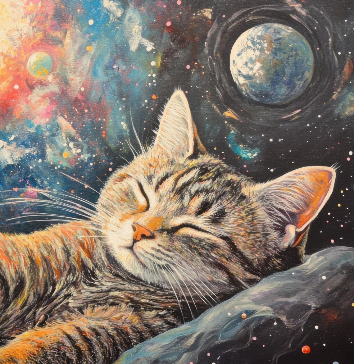 Sleeping Tabby Cat Dreaming in Cosmic Space Planets Whimsical Fantasy Poster - Image 4